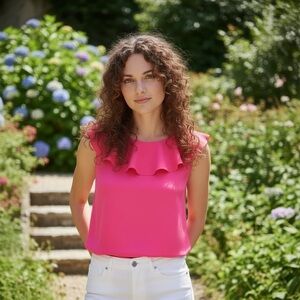 NWT Sail to Sable Women's Poly Crepe Ruffle Neck Top In Hot Barbie Pink Size XL